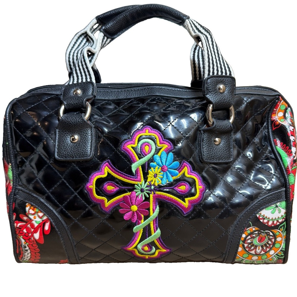 Black Quilted Vinyl Satchel Handbag Embroidered Cross Flower Floral Boho